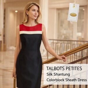 Talbots Petites 100% Silk Shantung Sheath Dress Colorblock Red Black Ivory Sz 6P
